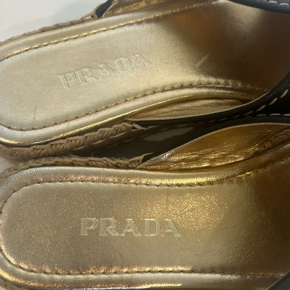 Prada Black Leather Espadrille Platform Sandals with Gold Footbed